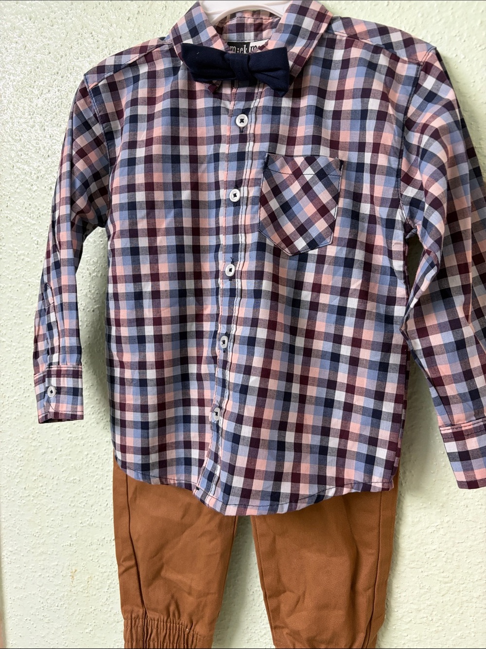 Boys Plaid Button-Down Shirt with Bow Tie - Pink, Blue & White